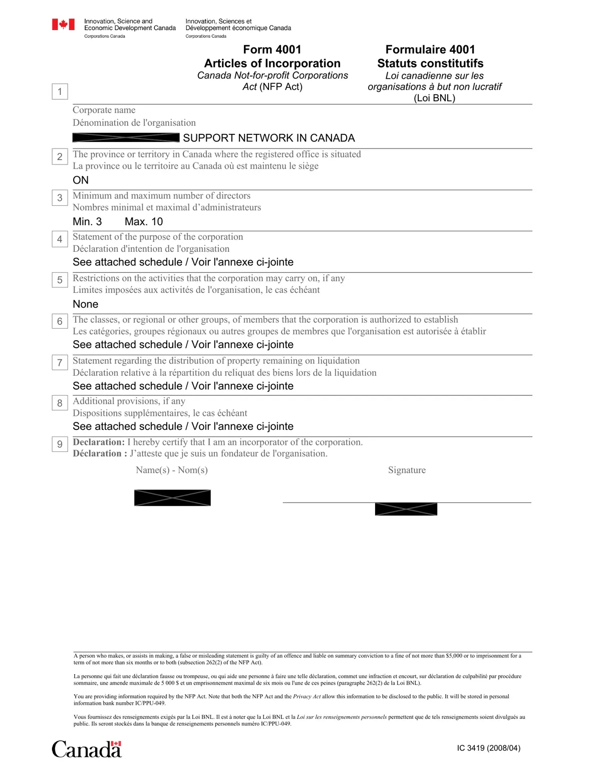 First page of sample Articles of Incorporation