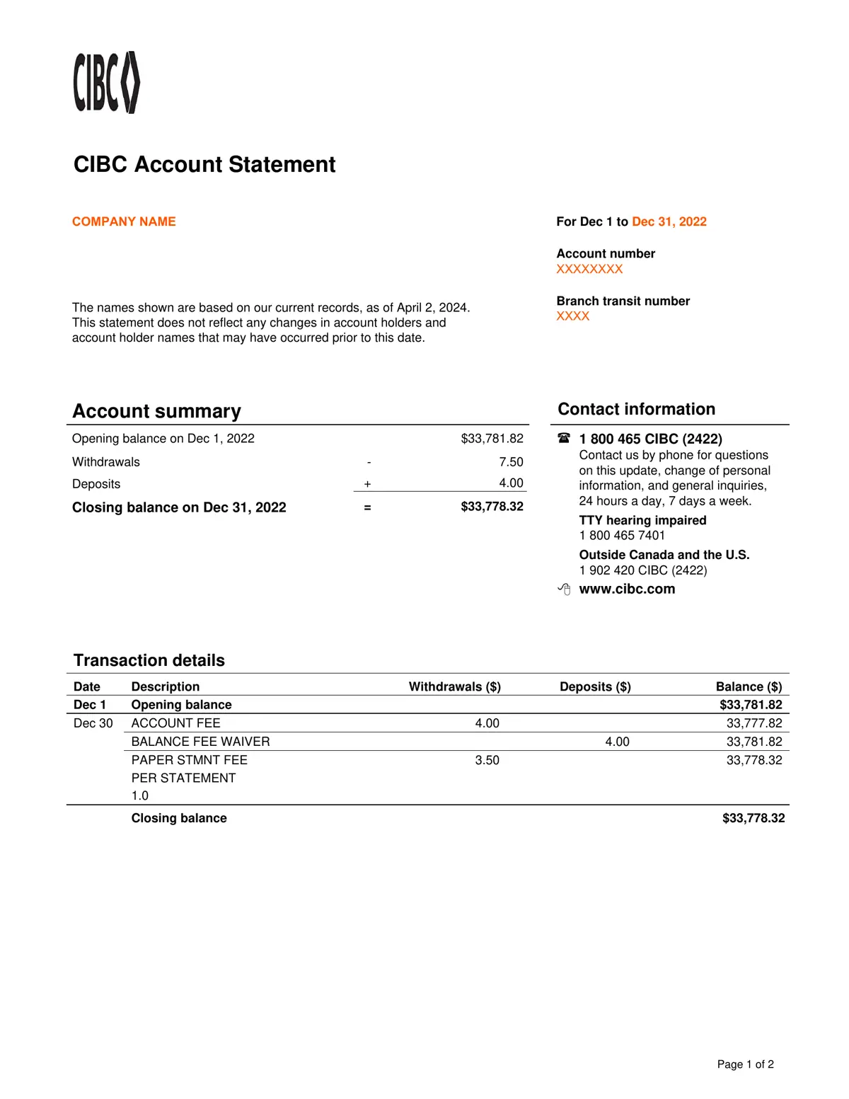 First page of sample business bank statements