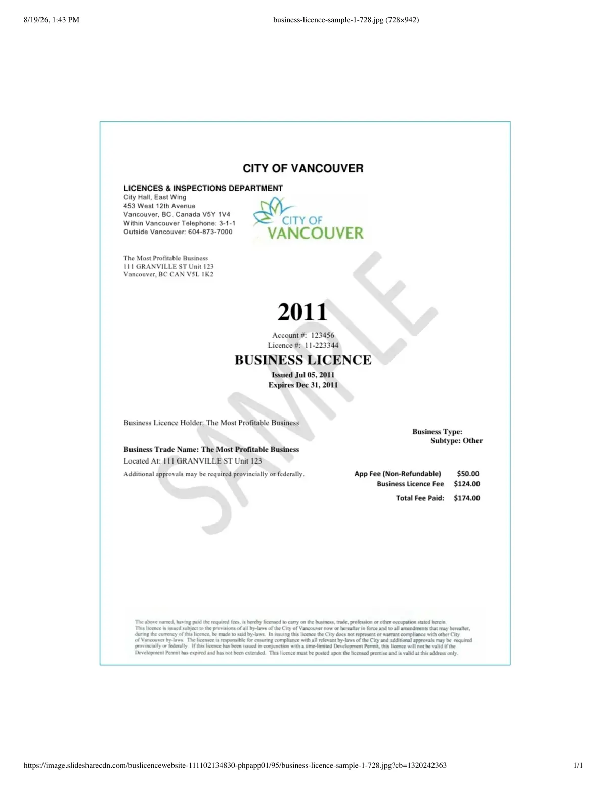 Sample business licence