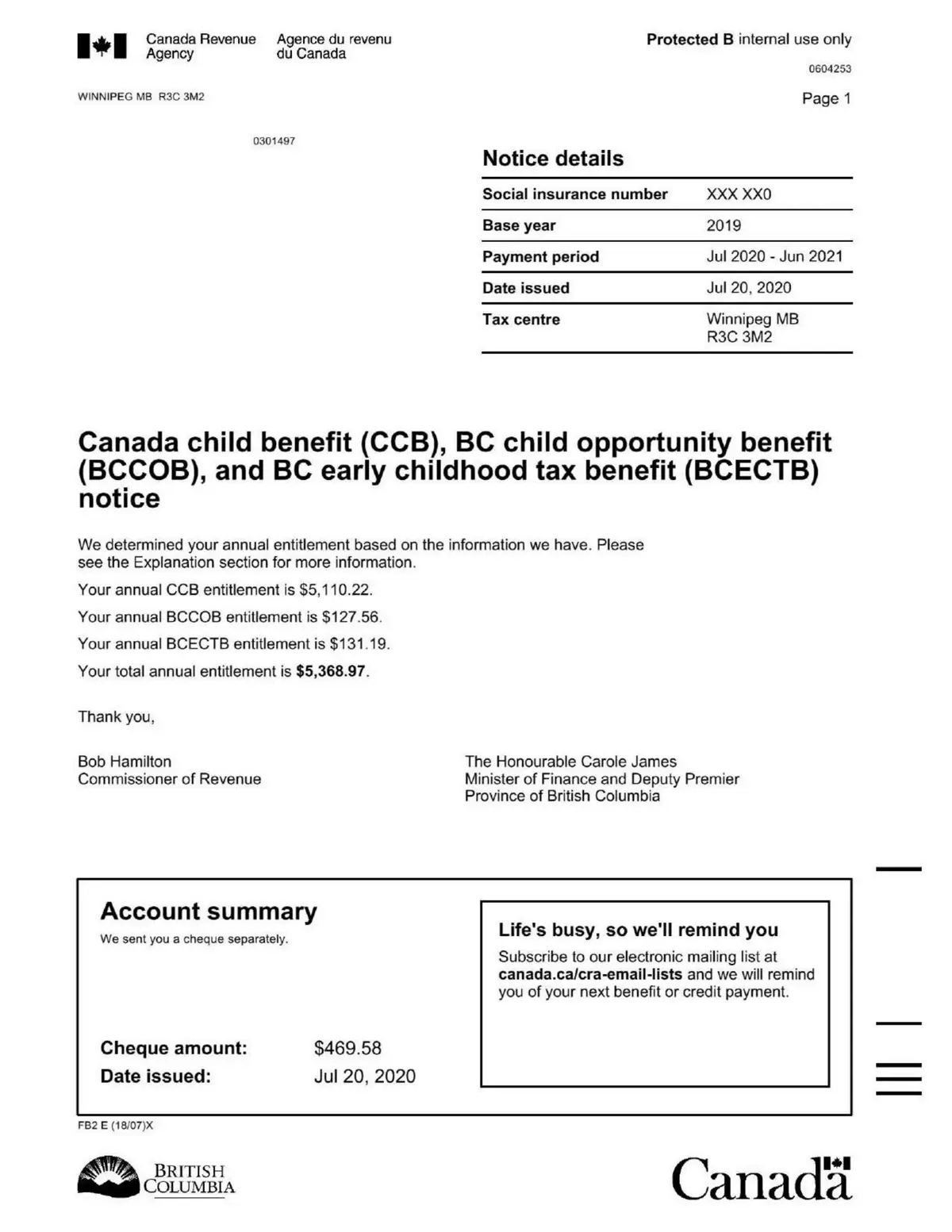 First page of a sample Canada child benefit notice