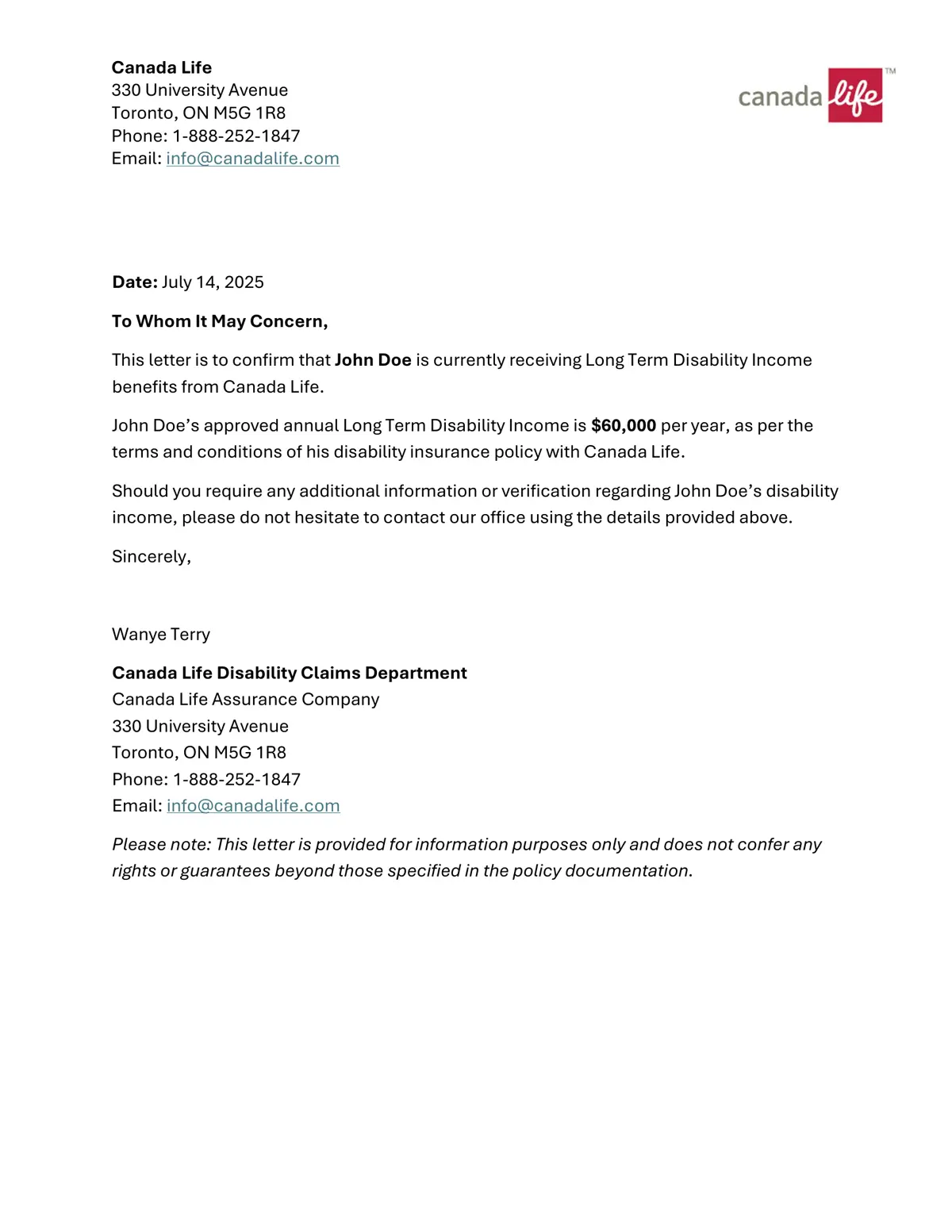 Sample disability insurance letter