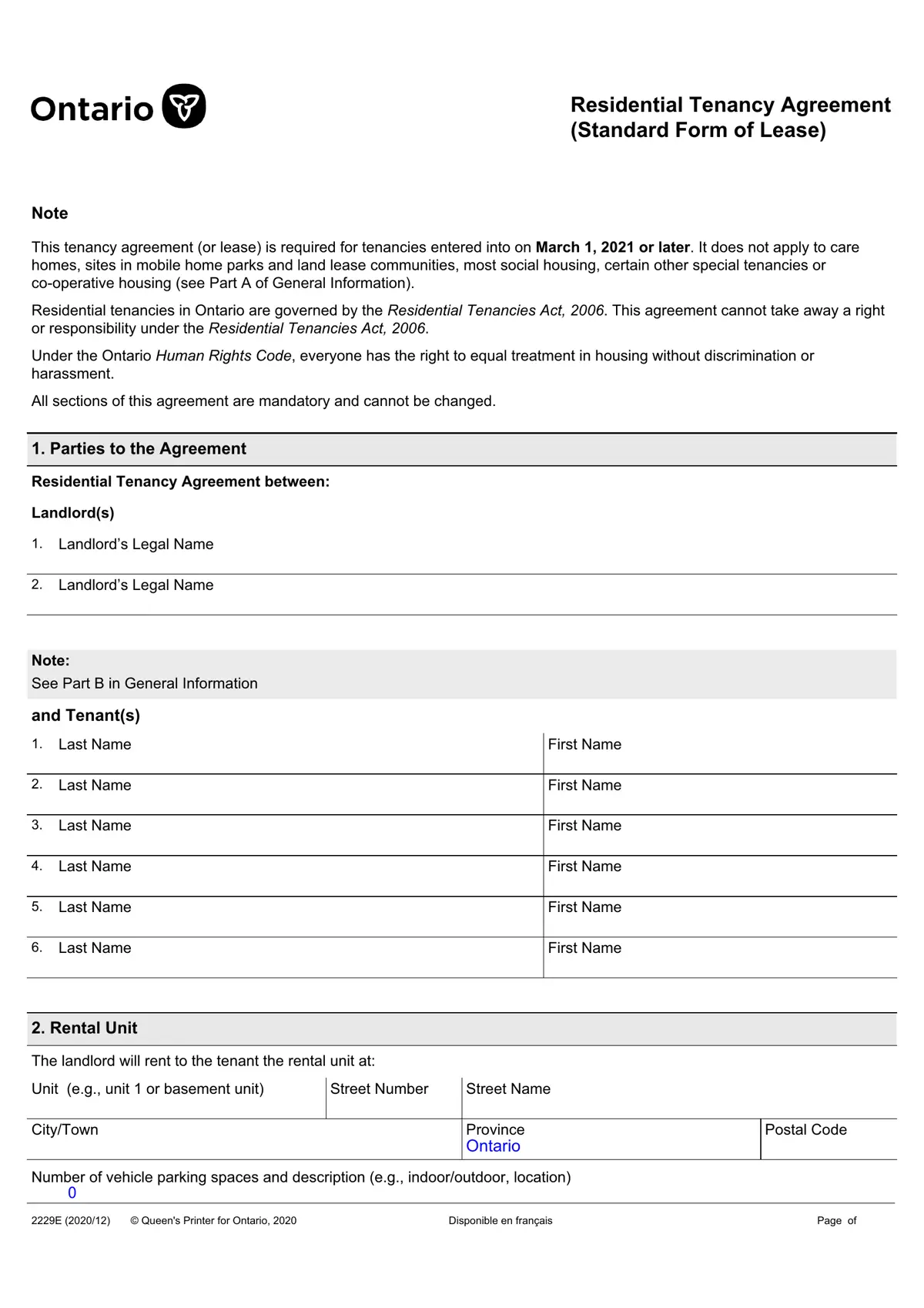 First page of a sample Residential Tenancy Agreement