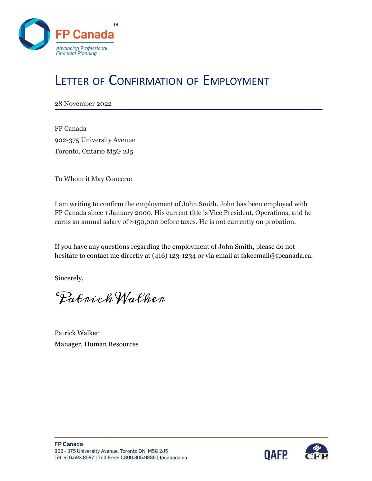 First page of a sample Letter of Employment