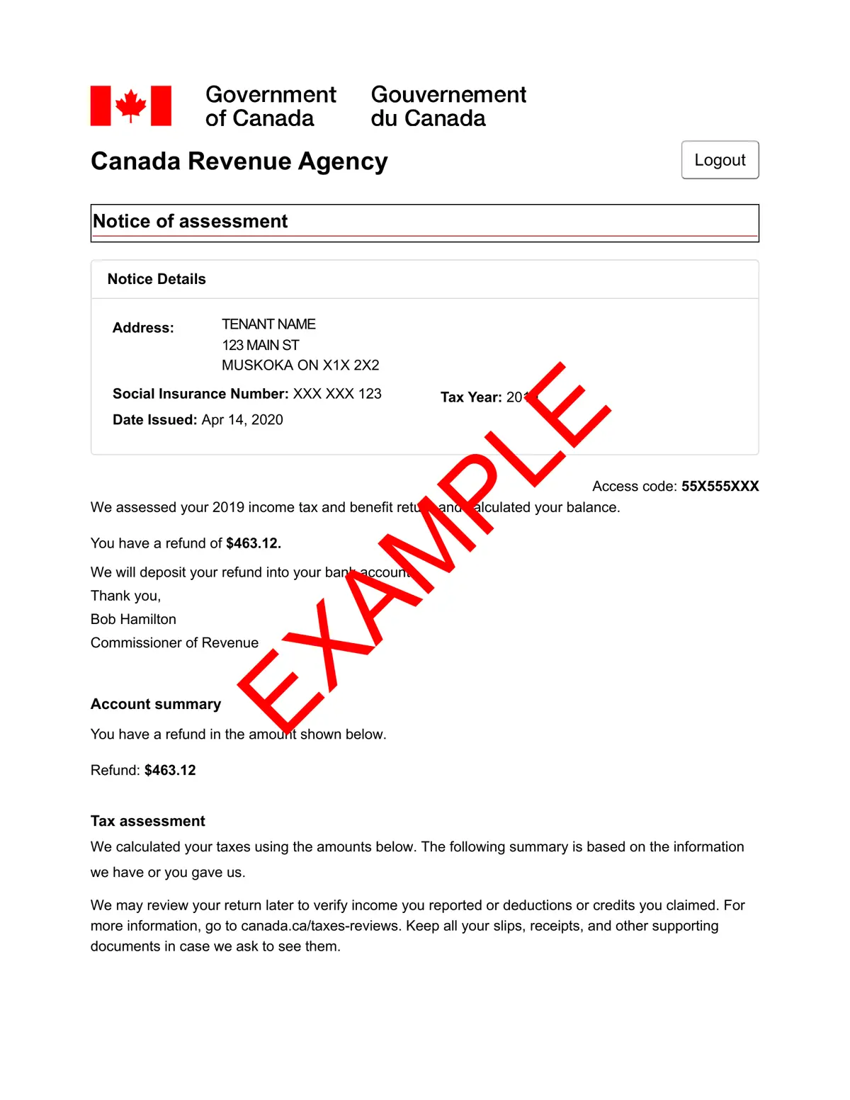 First page of a sample Notice of Assessment