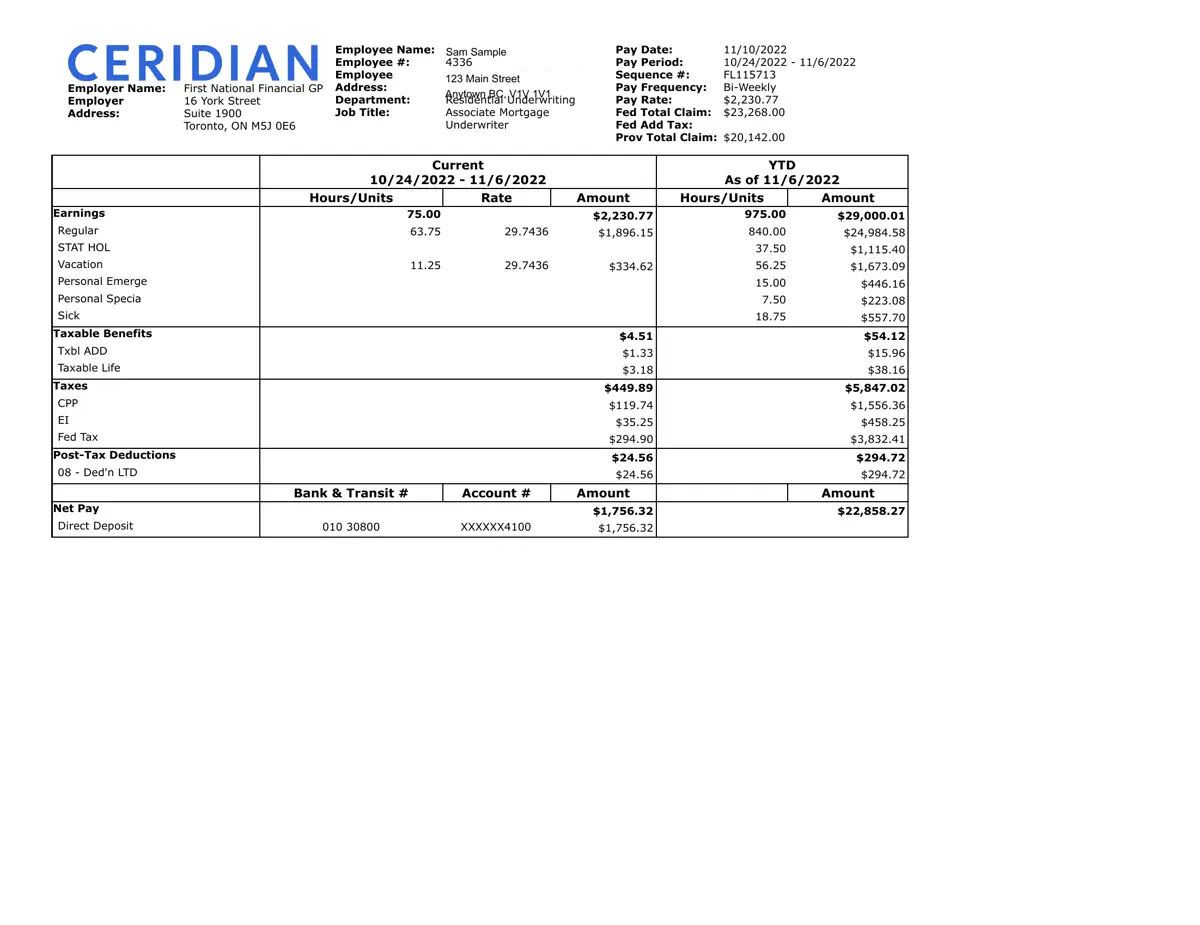 Sample paystub