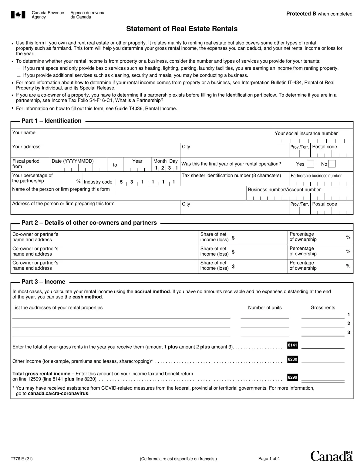 First page of a sample Statement of Real Estate Rentals