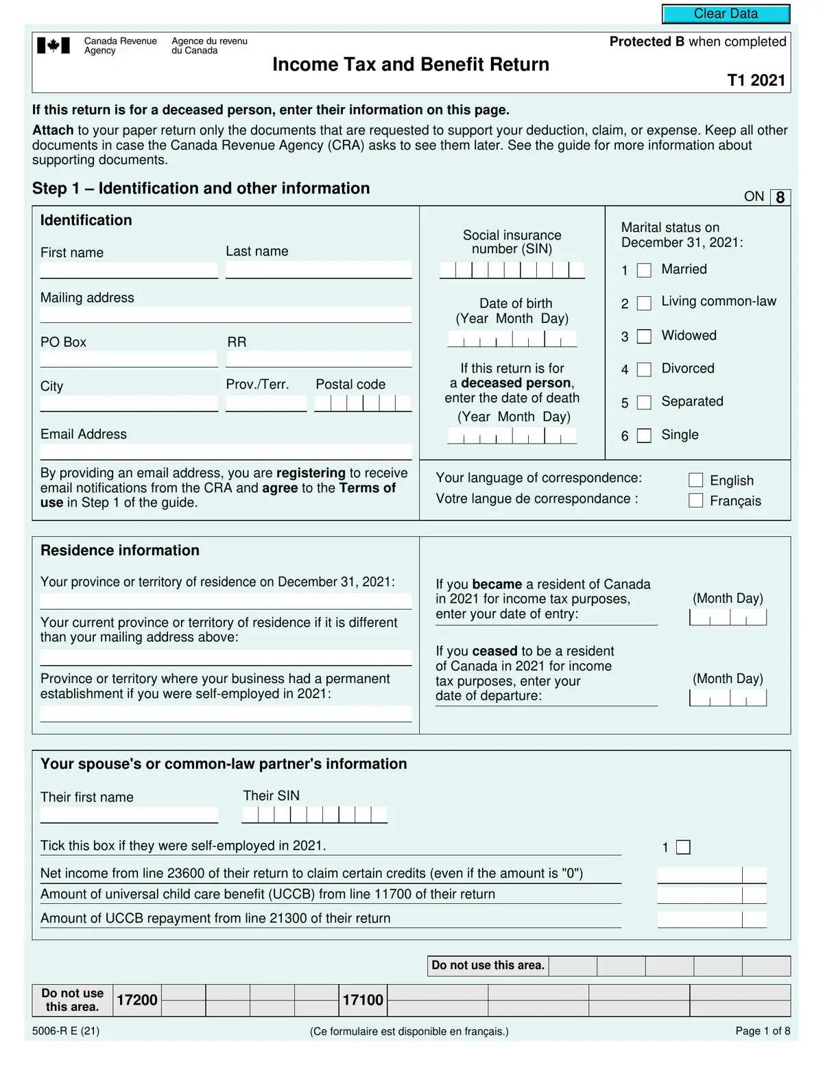 First page of a sample T1 General income tax return