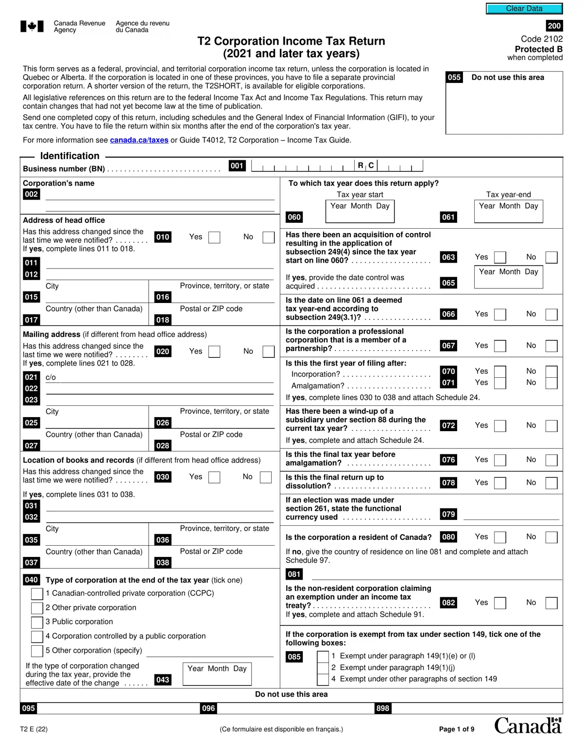 First page of a sample T2 Corporation Income Tax Return