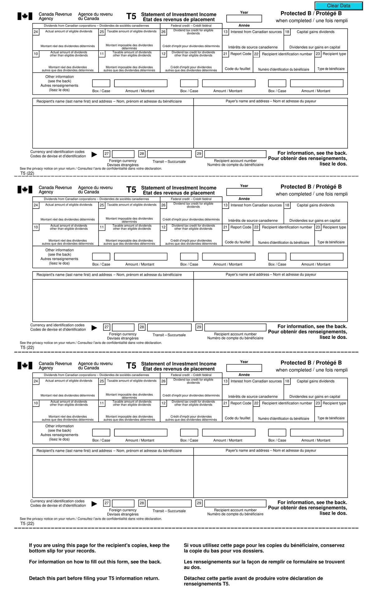 First page of a sample T5 Statement of Investment Income