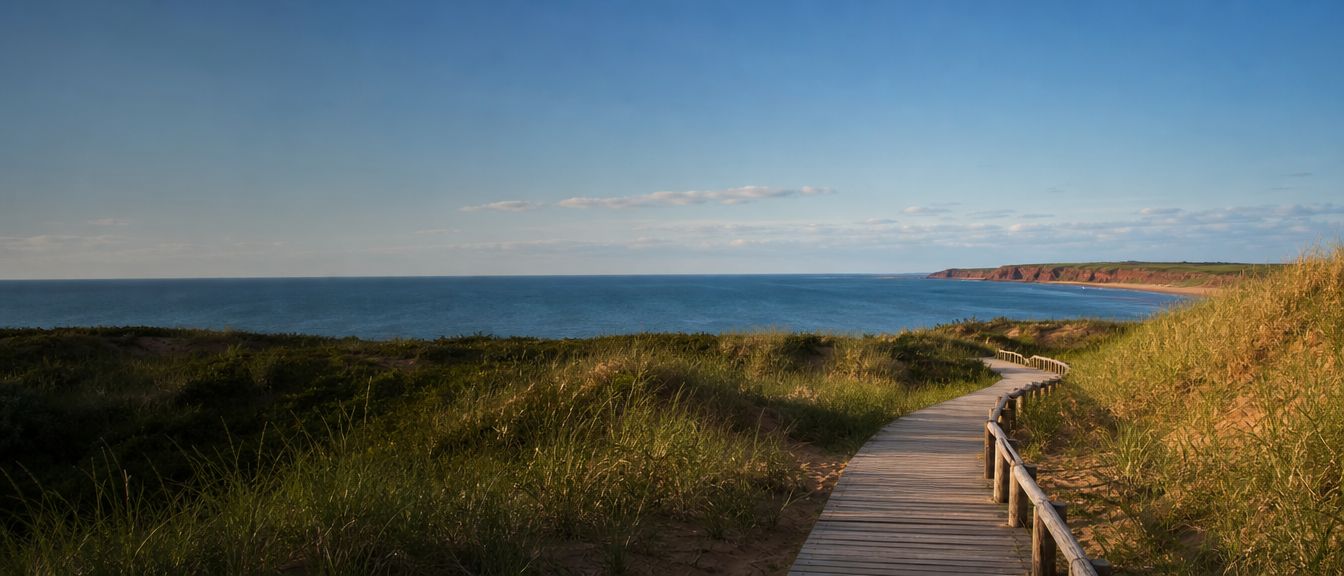 Boardwalk through Prince Edward Island coastal dunes